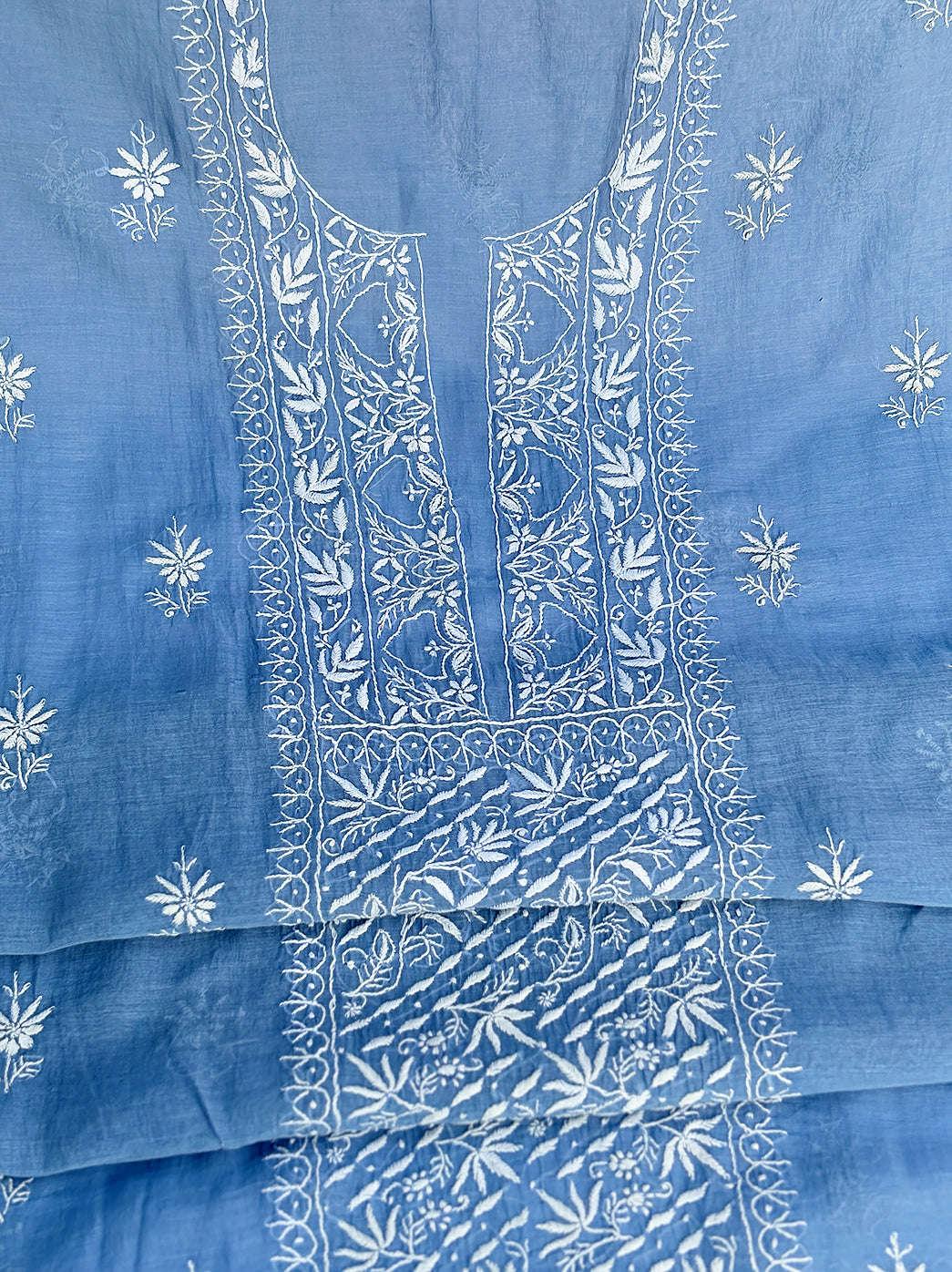 Designer unstitched chikankari kurti fabric featuring detailed craftsmanship and flowing dupatta