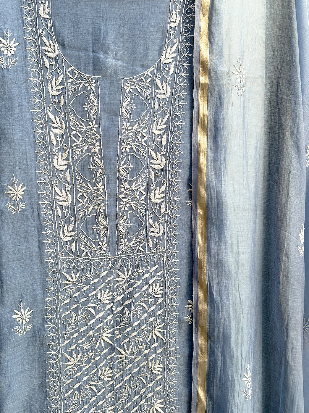 Mul Chanderi unstitched chikankari kurti fabric with intricate hand embroidery and matching dupatta for ethnic wear