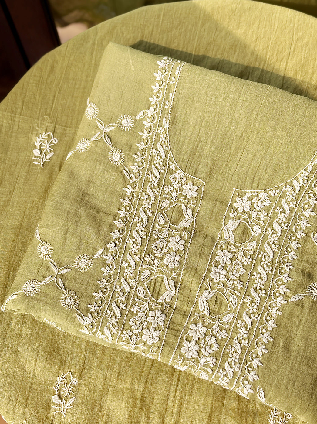 Dupatta and kurti piece set in Mul Chanderi fabric featuring elegant hand embroidery ideal for festive and ethnic wear.