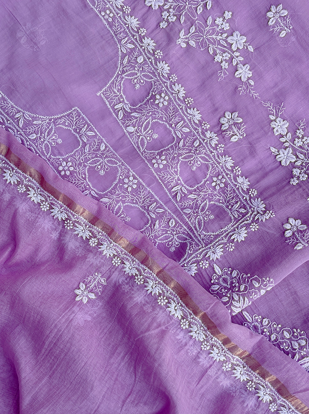 Handcrafted chikankari kurti material in mul chanderi fabric ideal for wedding and occasion wear