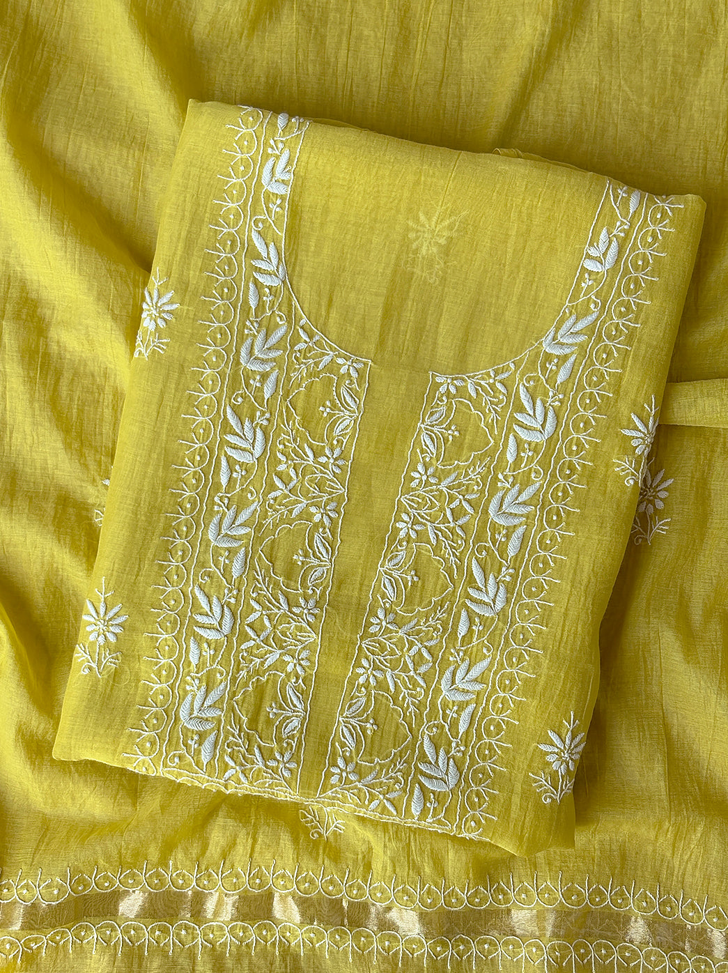 Handcrafted mul chanderi unstitched chikankari kurti fabric with detailed traditional embroidery and matching dupatta for elegant ethnic wear styling