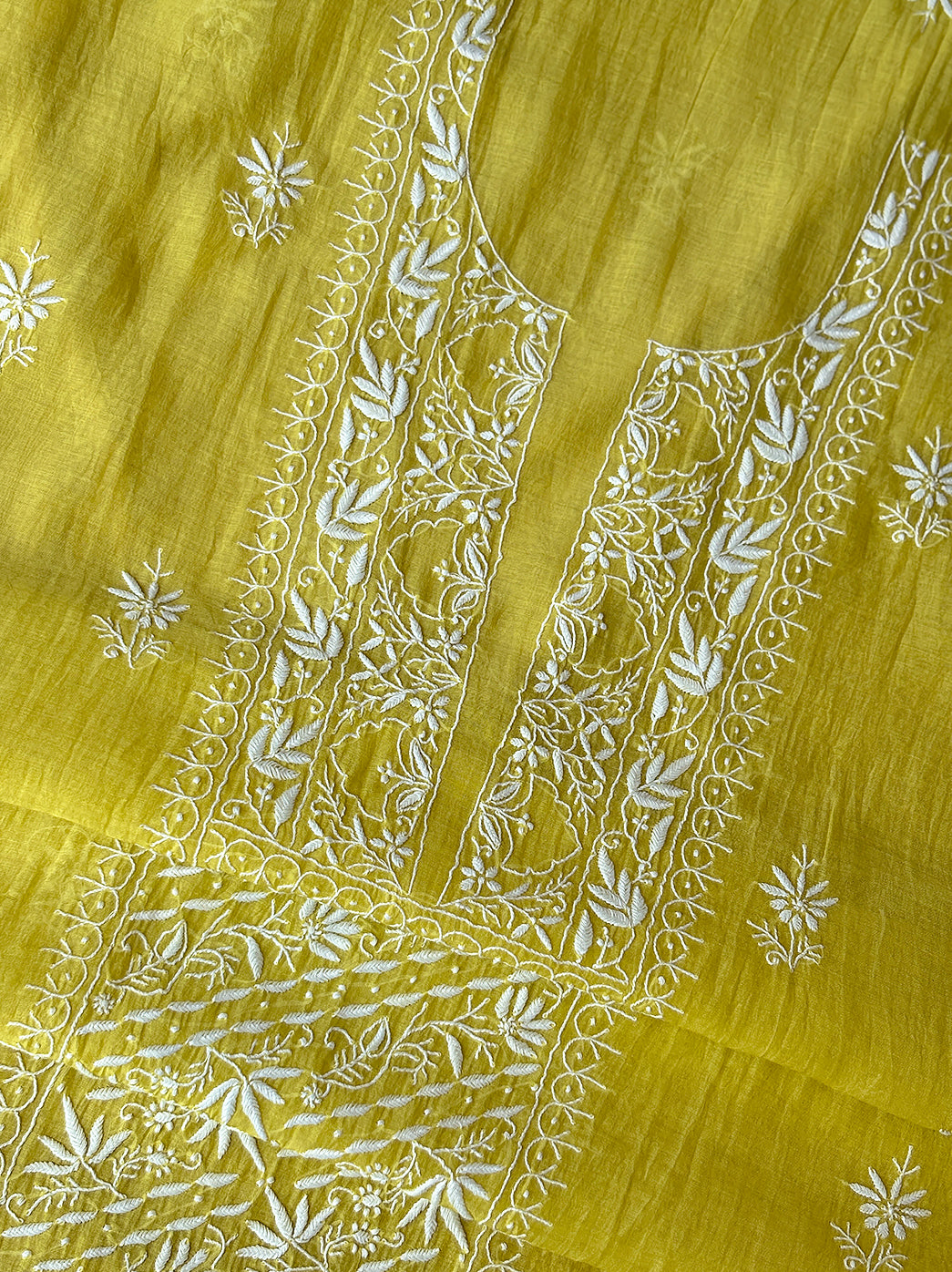 Authentic lucknowi chikankari unstitched mul chanderi kurti fabric with handcrafted motifs and lightweight dupatta for breathable comfort