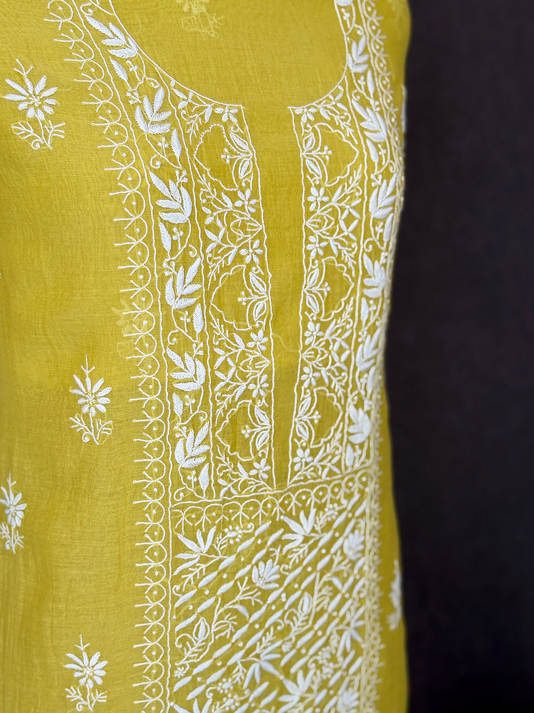 Traditional hand embroidered chikankari mul chanderi unstitched kurti fabric paired with a finely woven dupatta for graceful Indian attire