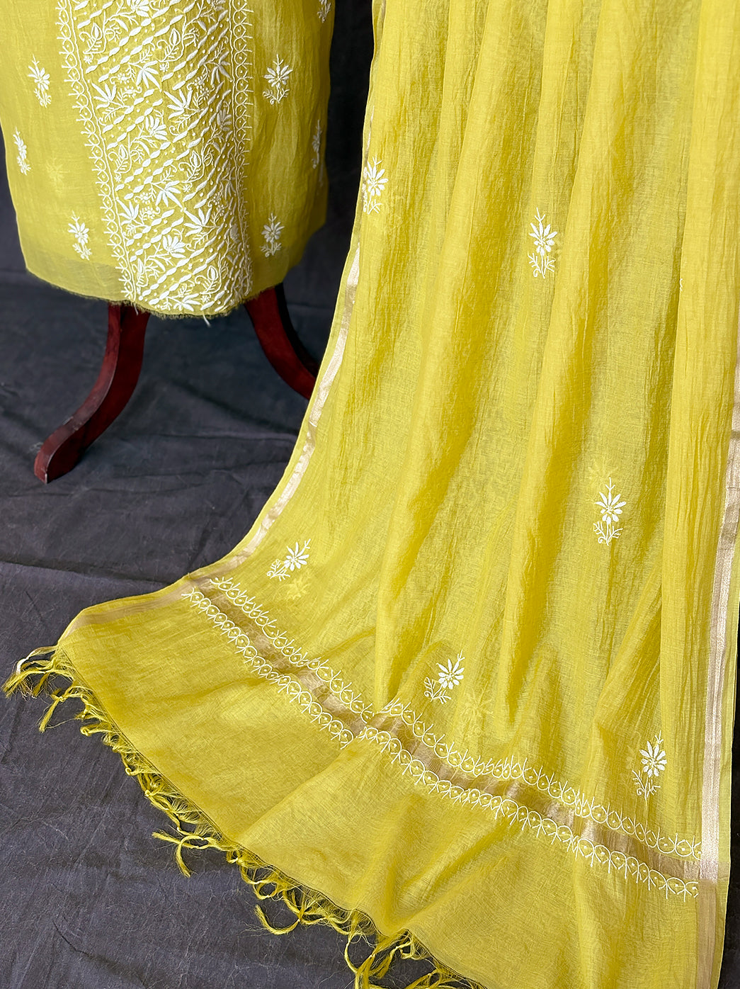 Mul chanderi unstitched chikankari kurti piece with intricate floral and jaali work embroidery along with a soft flowing dupatta
