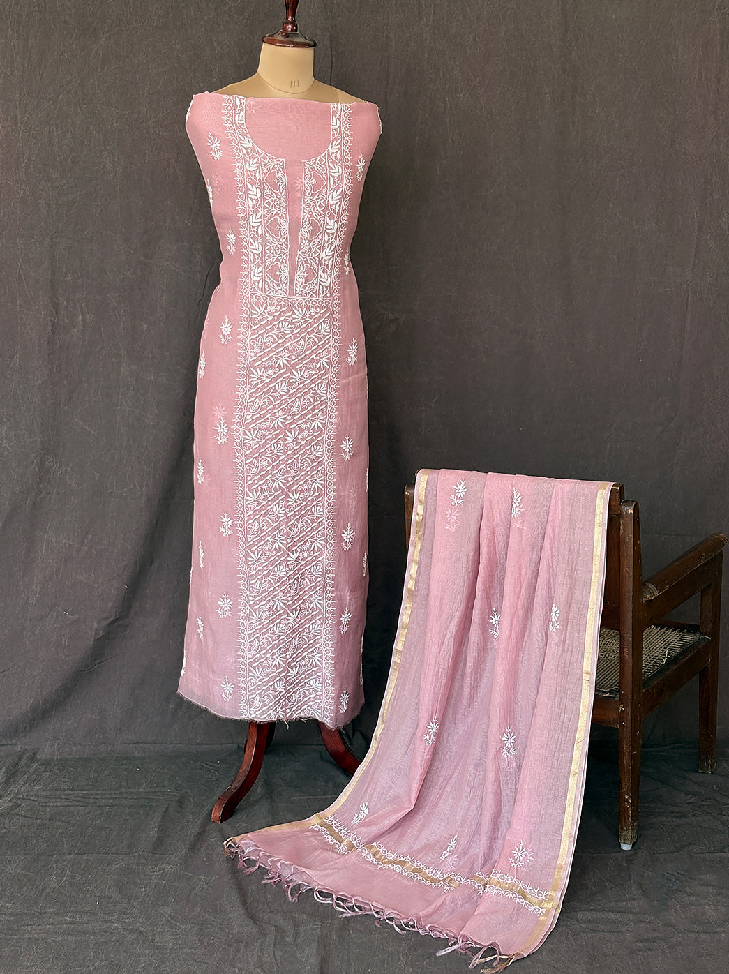 Elegant chikankari mul chanderi unstitched dress material with fine threadwork motifs and lightweight dupatta for everyday and festive styling