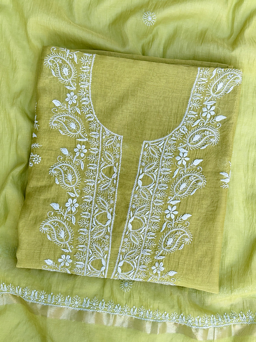 Mul chanderi unstitched kurti fabric with detailed chikankari embroidery for custom ethnic silhouettes