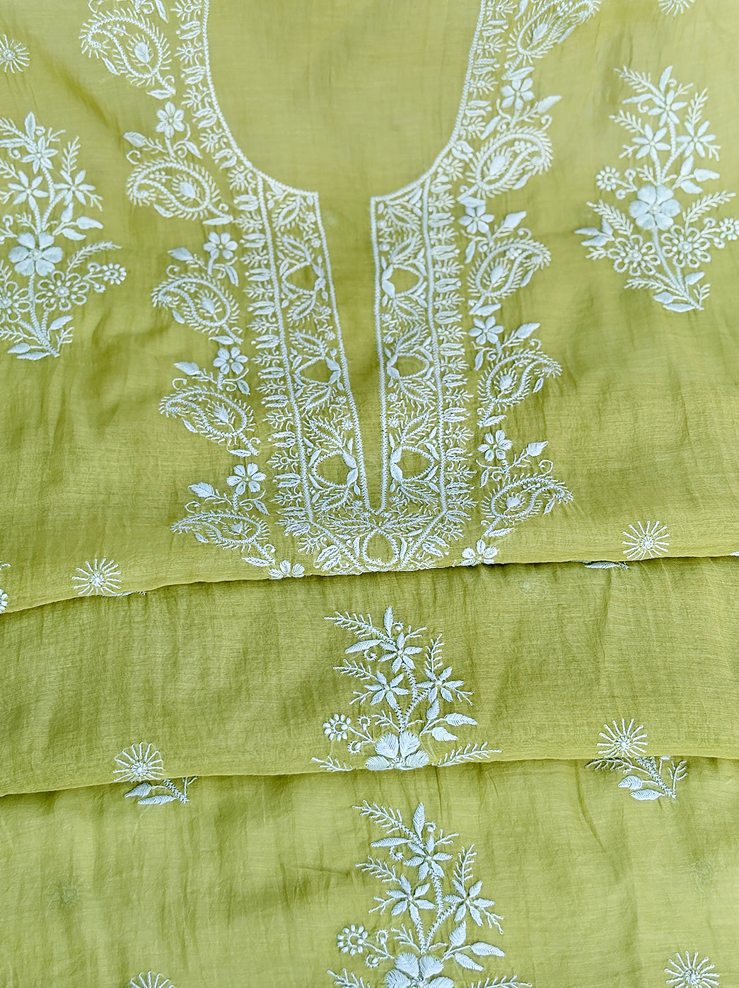 Ethnic chikankari kurti fabric paired with dupatta showcasing fine hand embroidery work