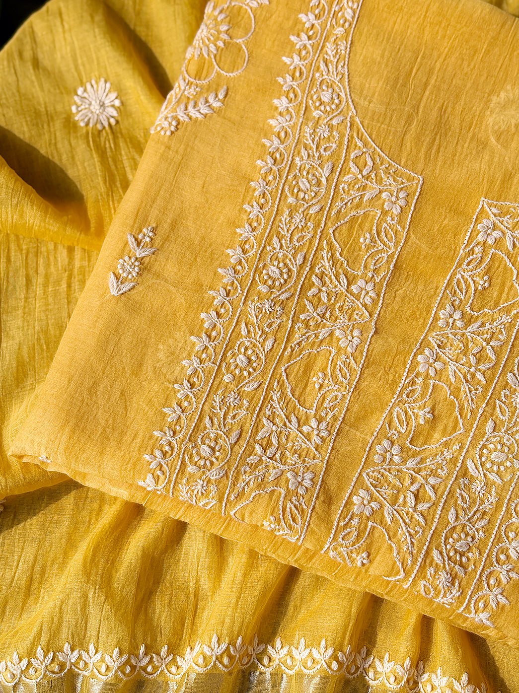 Handcrafted Chikankari work on Mul Chanderi unstitched kurti piece shown with detailed threadwork and traditional patterns.