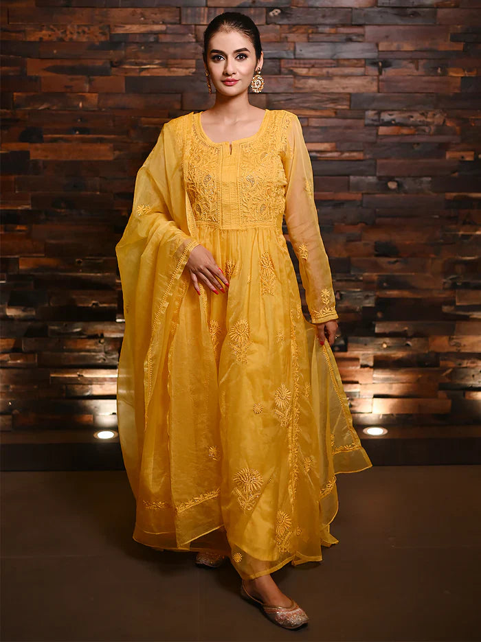 Ahilya Organza Chikankari Kurta Set - Yellow