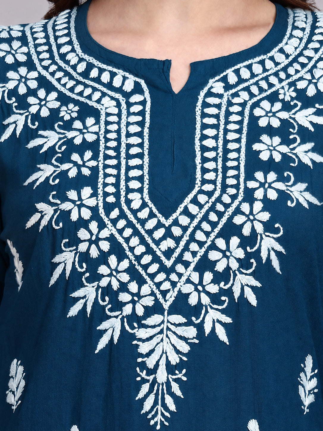 Siara Rayon Chikankari Short Kurta - Teal Green