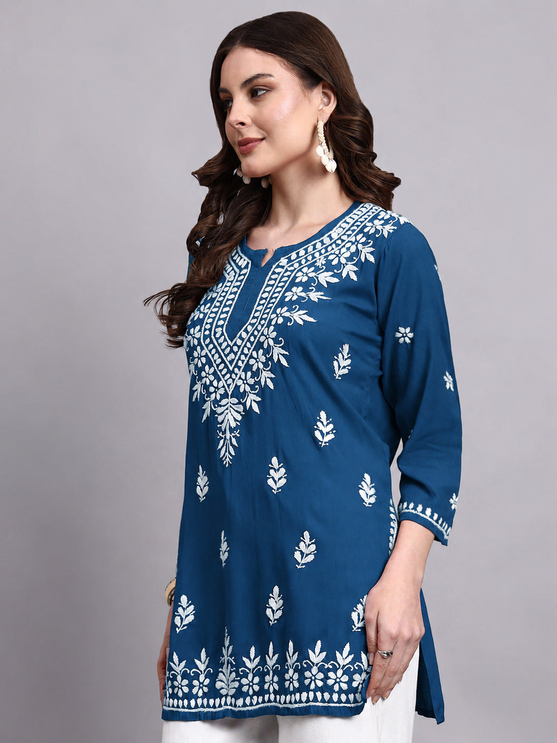 Siara Rayon Chikankari Short Kurta - Teal Green