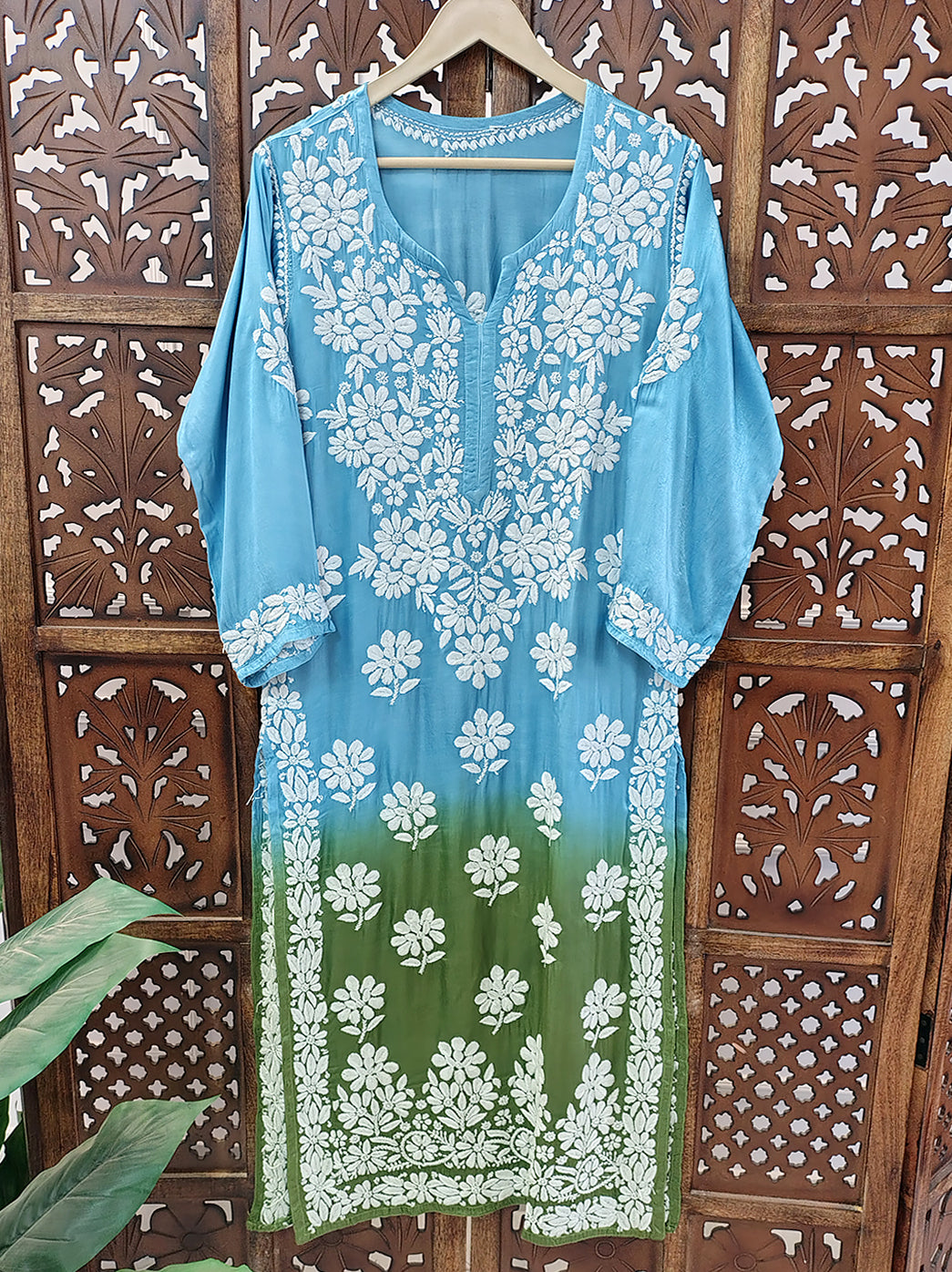 Blue On Green Satin Modal Chikankari Straight Kurti