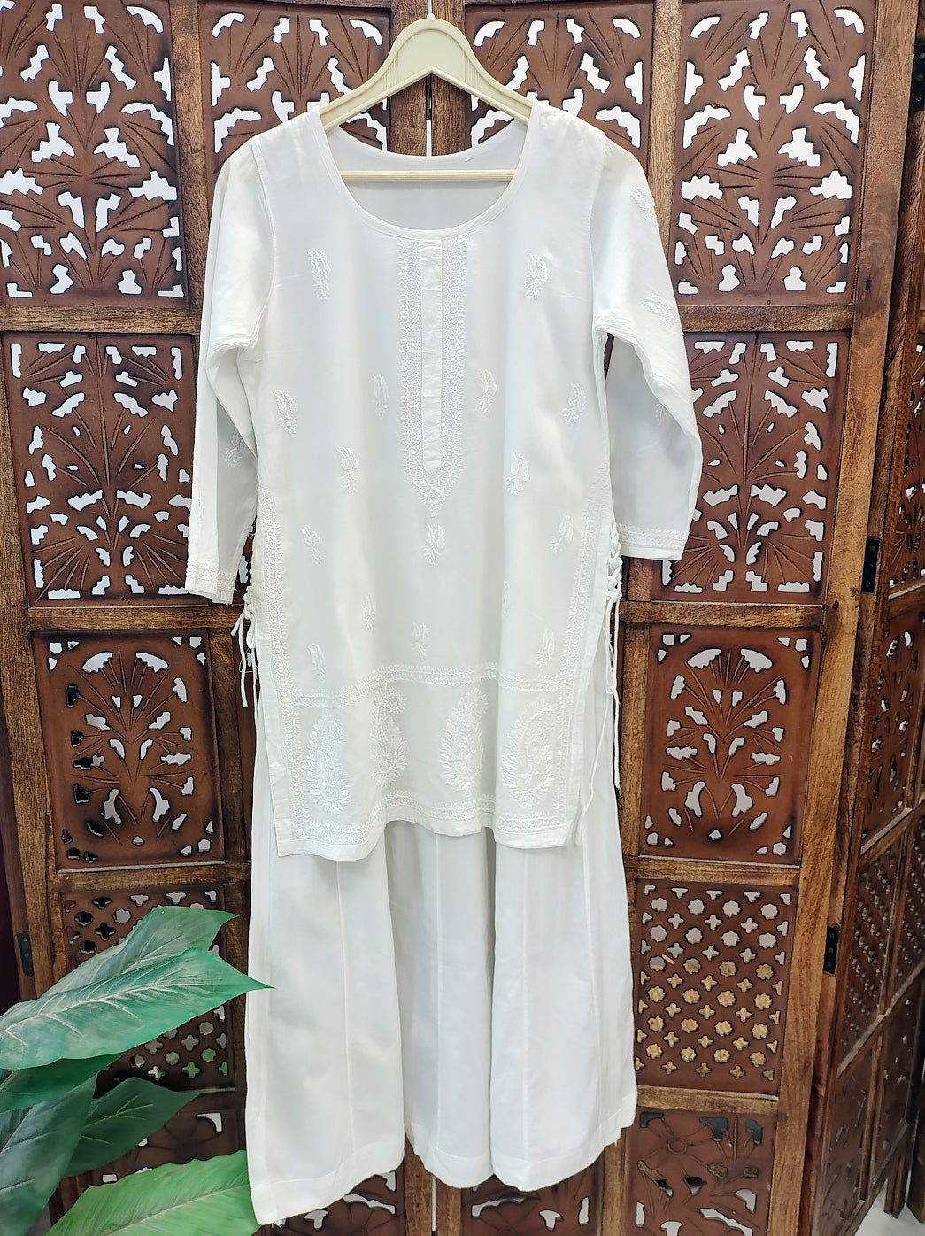 White Cotton Chikankari Kurti with Attached Salwar