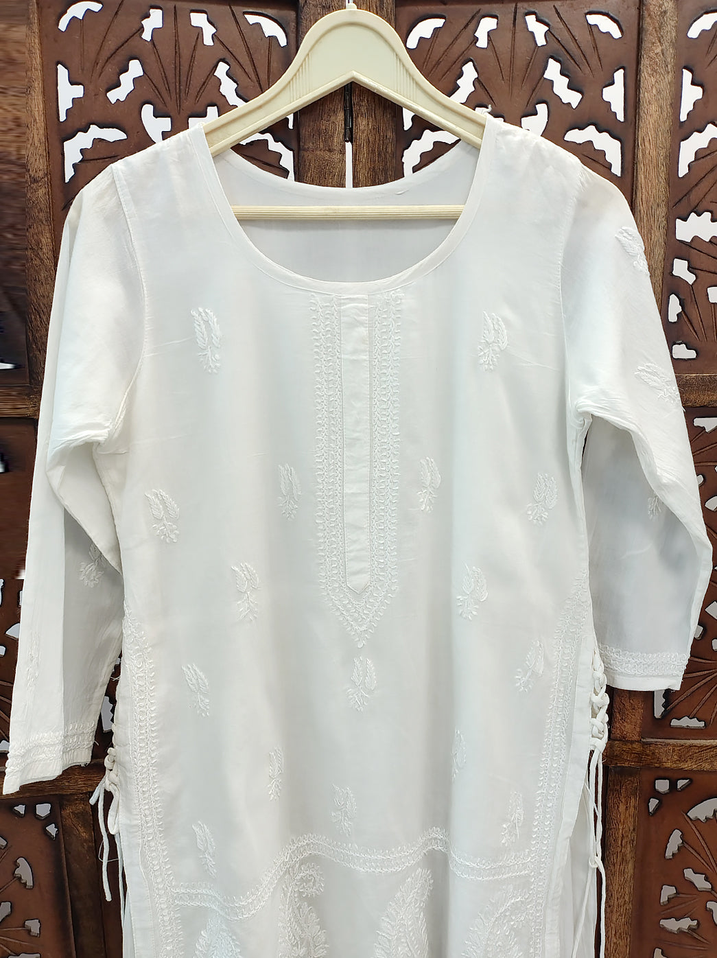 White Cotton Chikankari Kurti with Attached Salwar