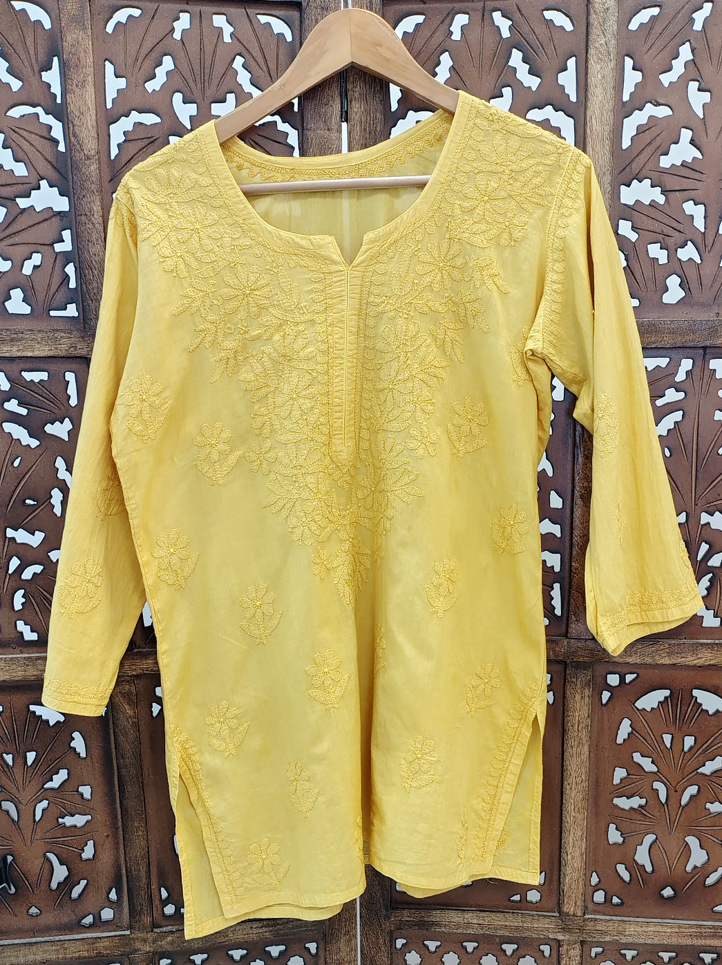 Yellow Cotton Chikankari Short Kurta