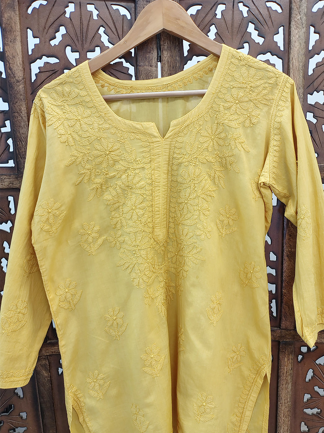 Yellow Cotton Chikankari Short Kurta