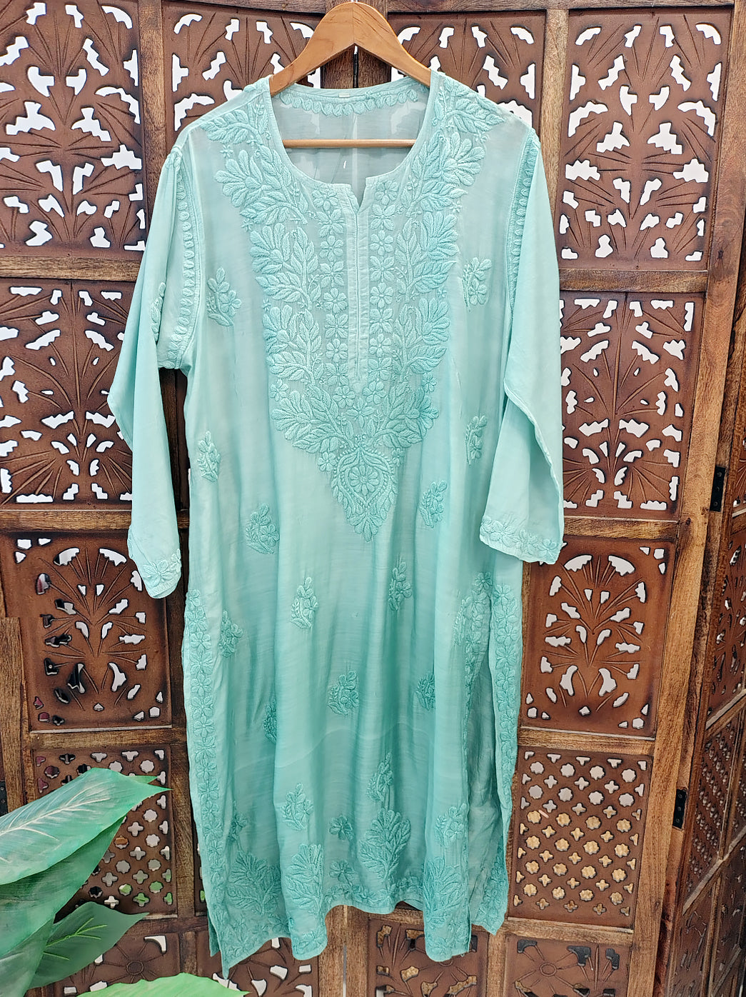 Green Muslin Chikankari Straight Kurti