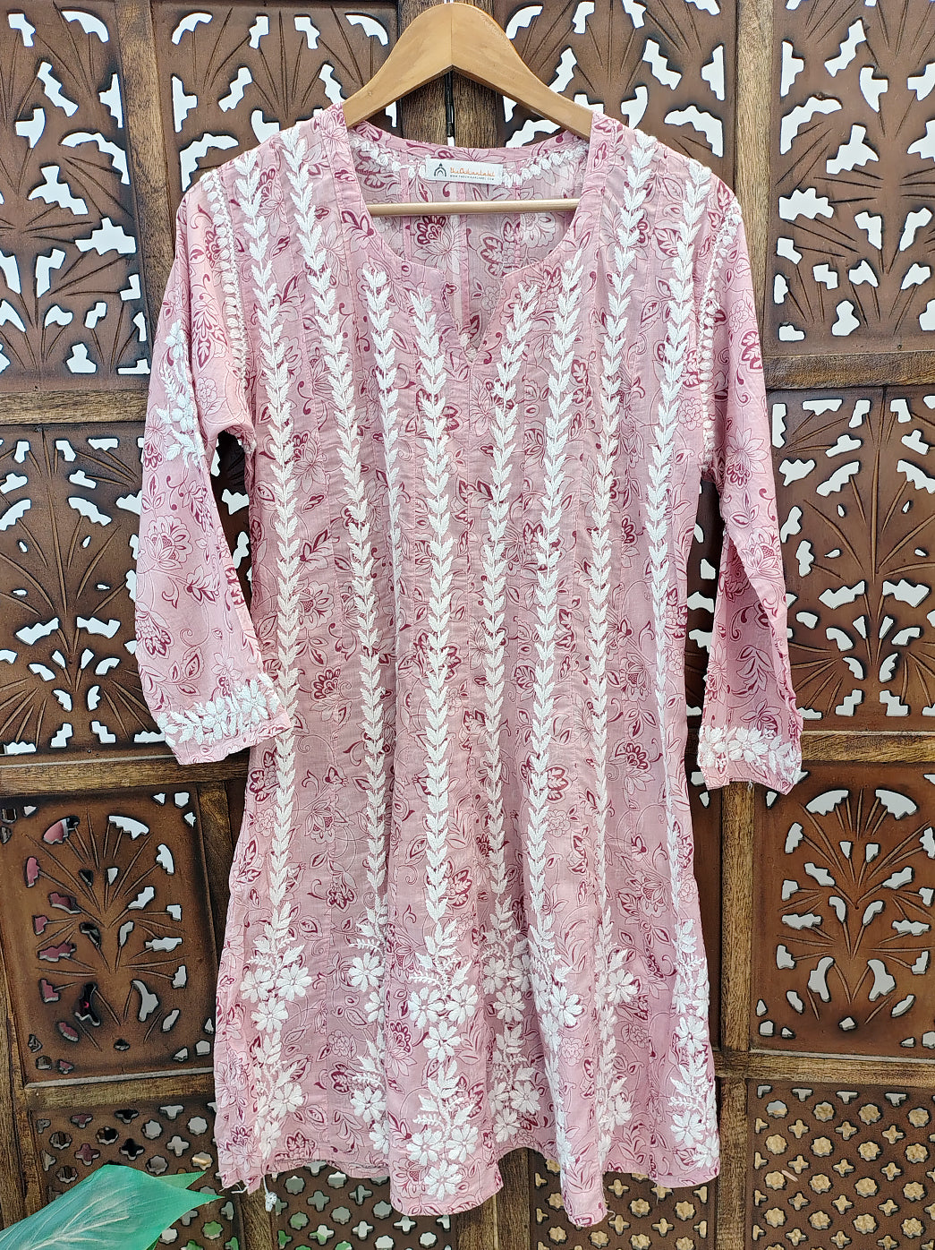 Peach Firosha Mulmul Chikankari Short Anarkali