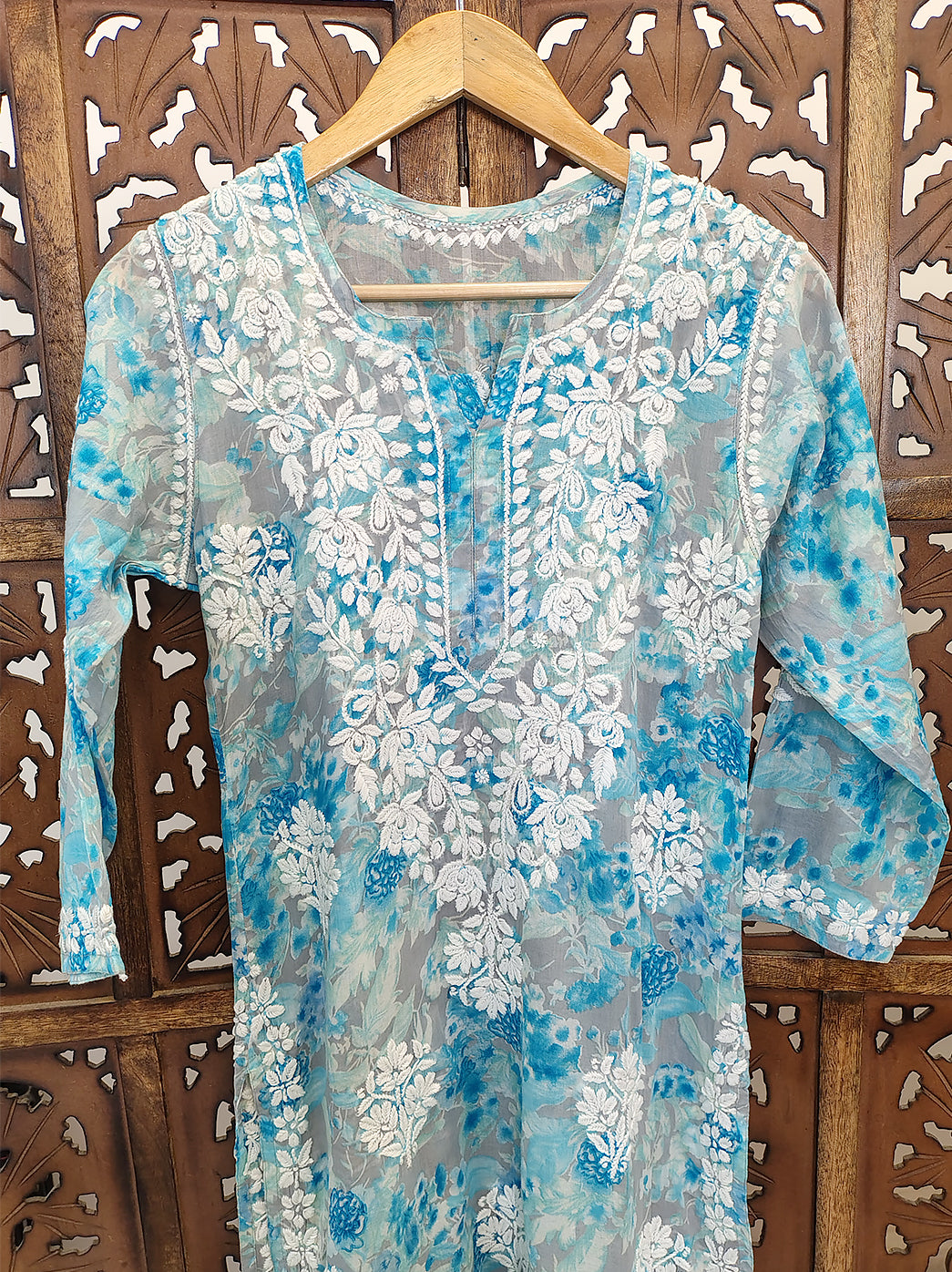 Blue Mulmul Printed Chikankari Straight Kurti