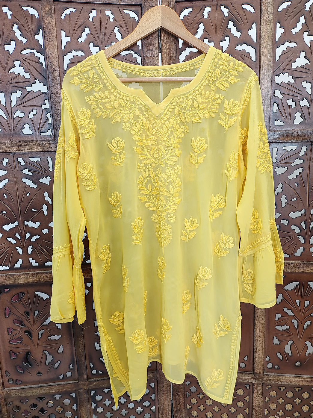 Yellow Viscose Chikankari Short Kurta