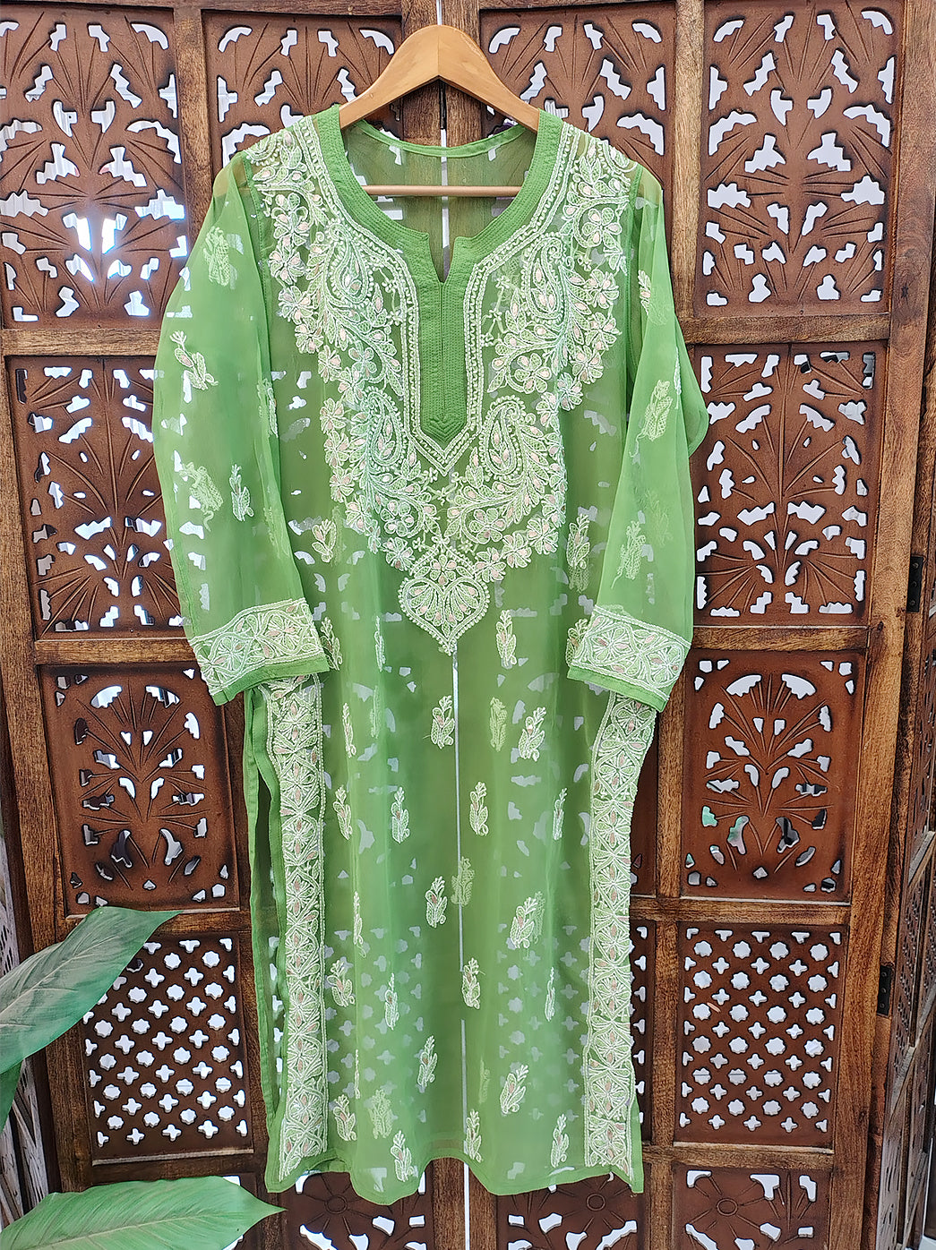Green Georgette Chikankari Straight Kurti