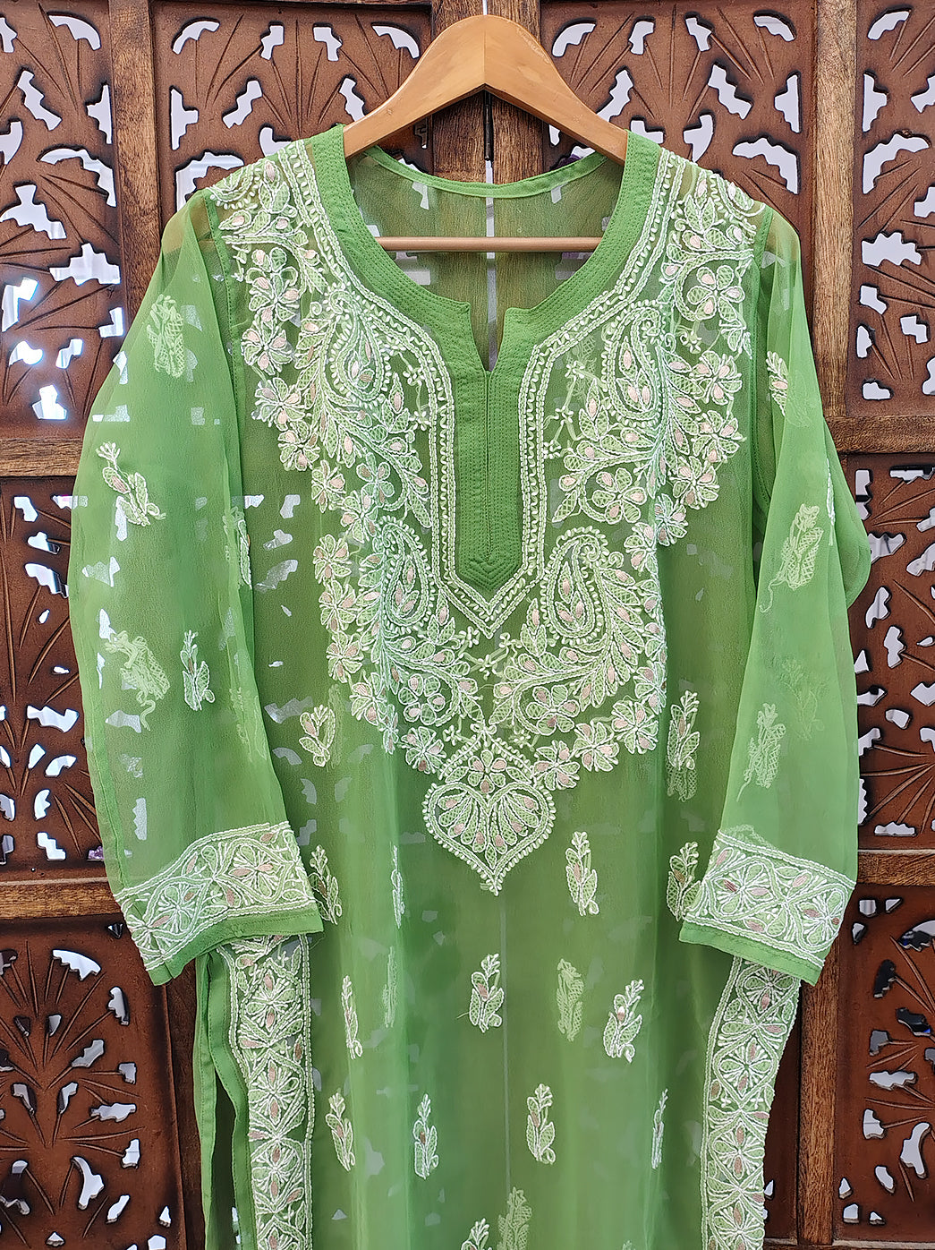 Green Georgette Chikankari Straight Kurti