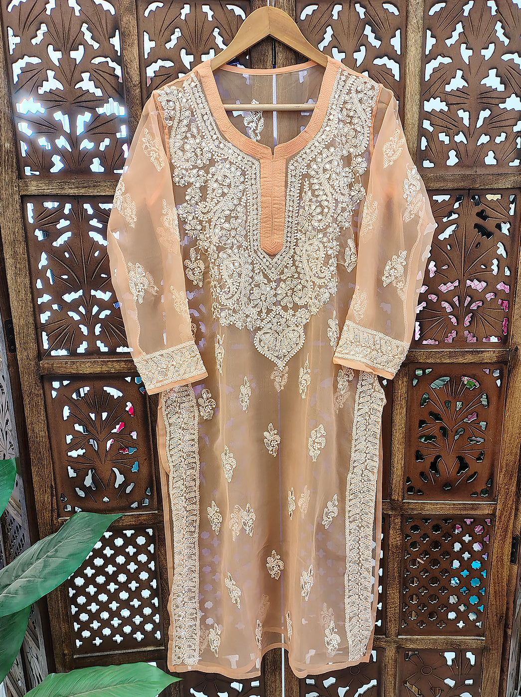 Beige Georgette Chikankari Straight Kurti