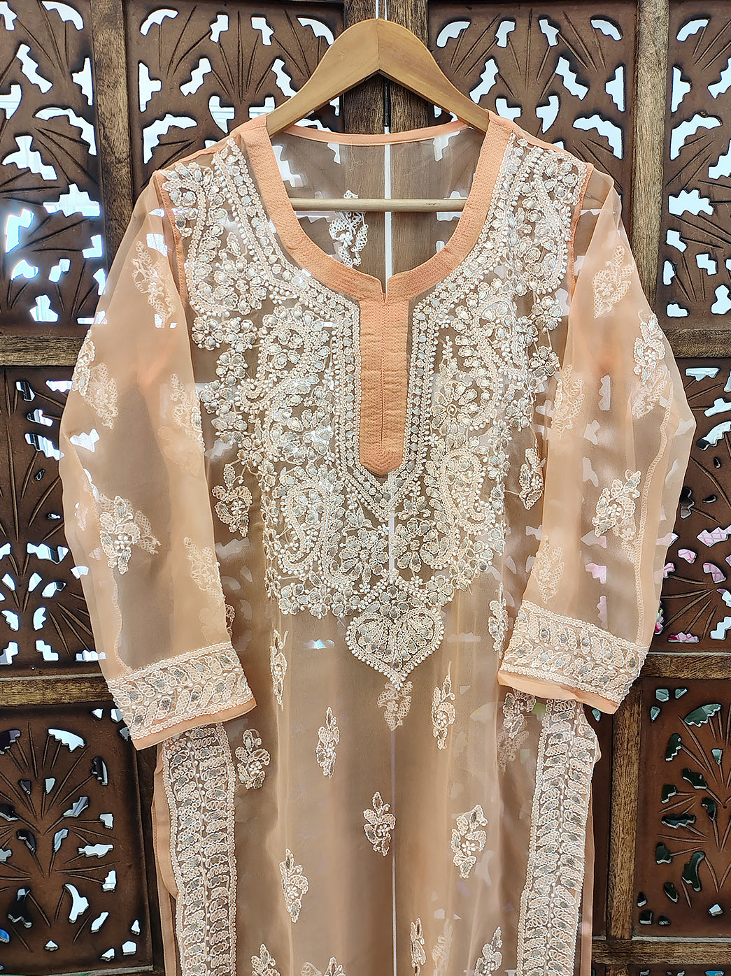 Beige Georgette Chikankari Straight Kurti