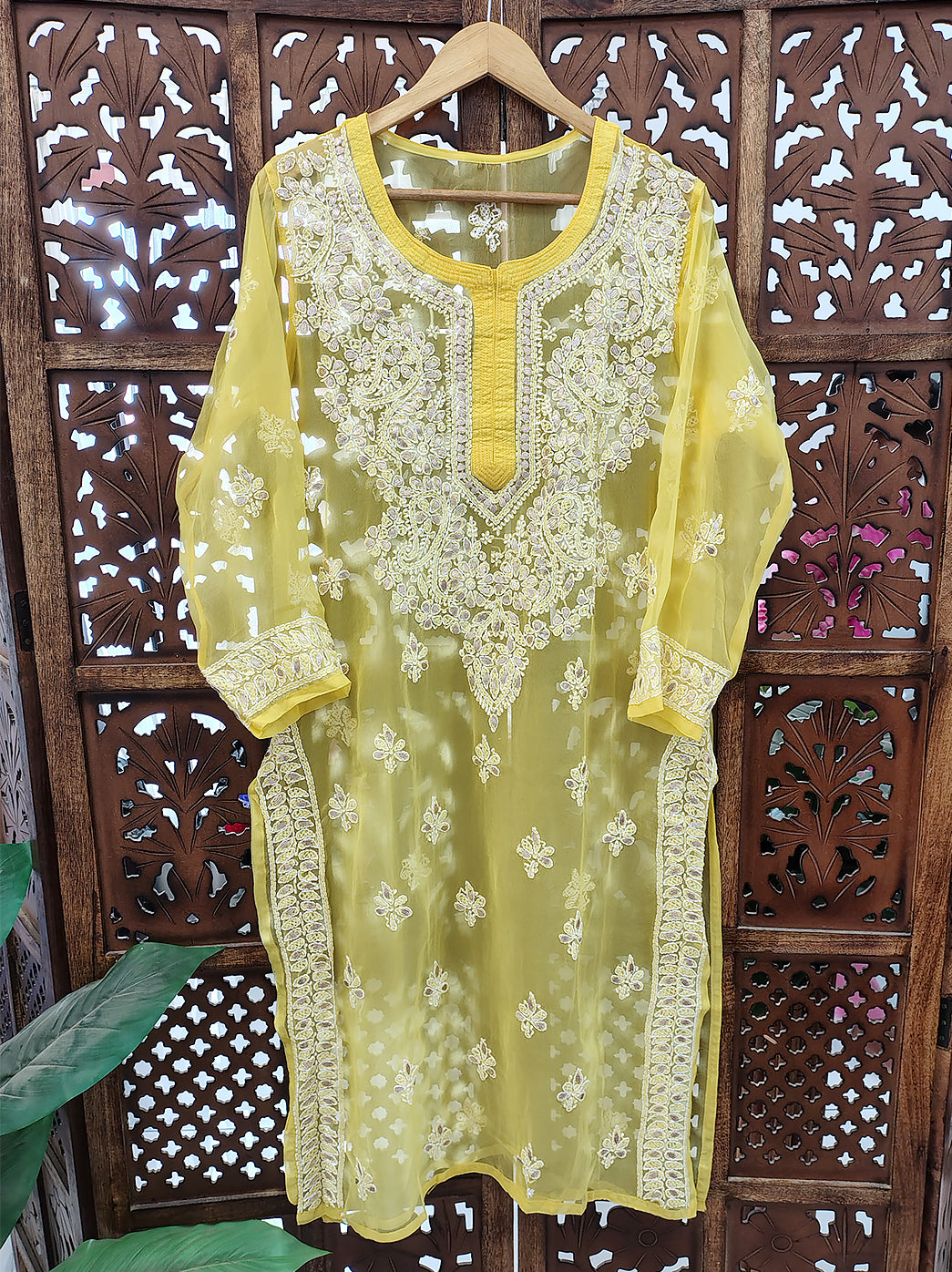 Yellow Georgette Chikankari Straight Kurti