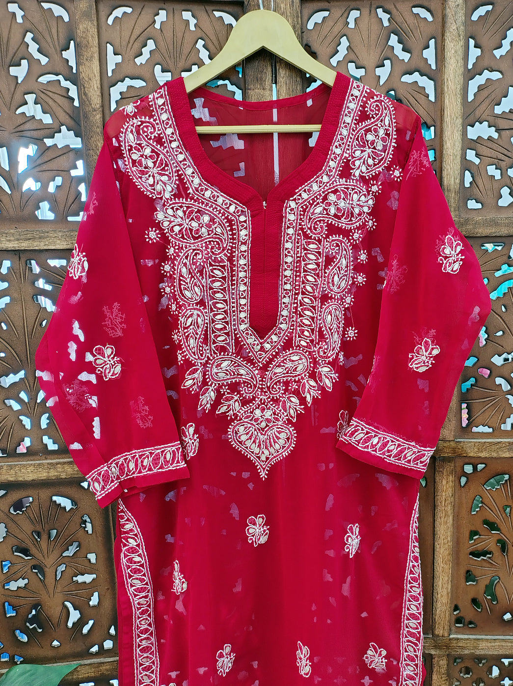 Red Georgette Chikankari Straight Kurti