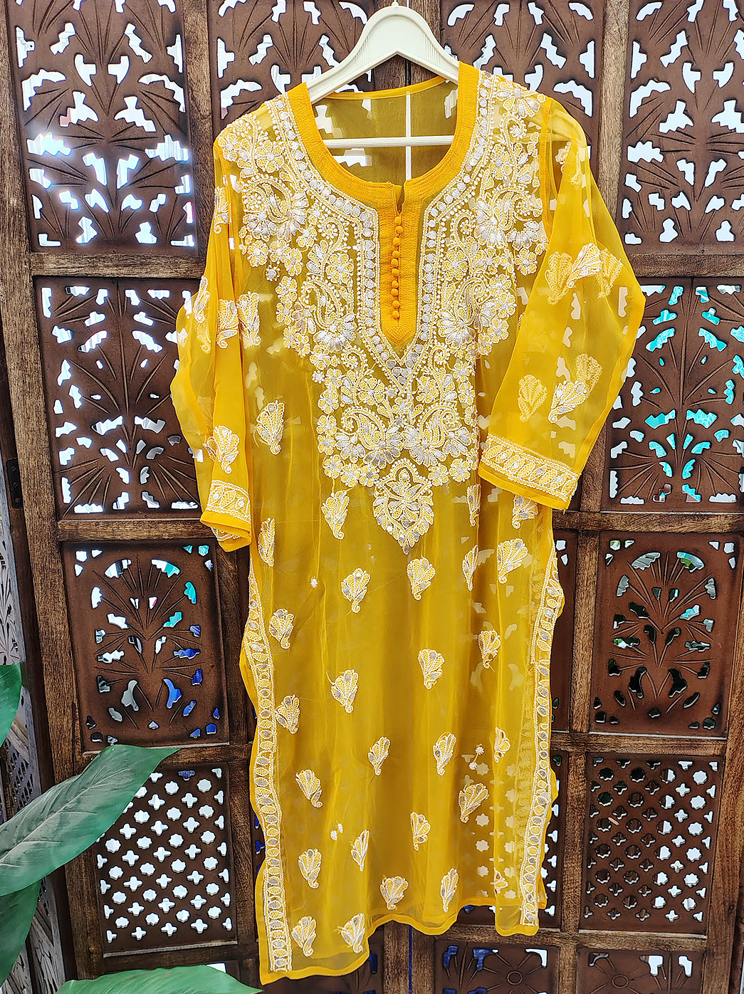 Yellow Georgette Chikankari Straight Kurti