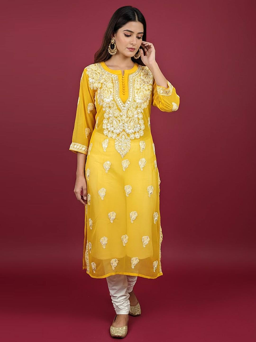 Yellow Georgette Chikankari Straight Kurti