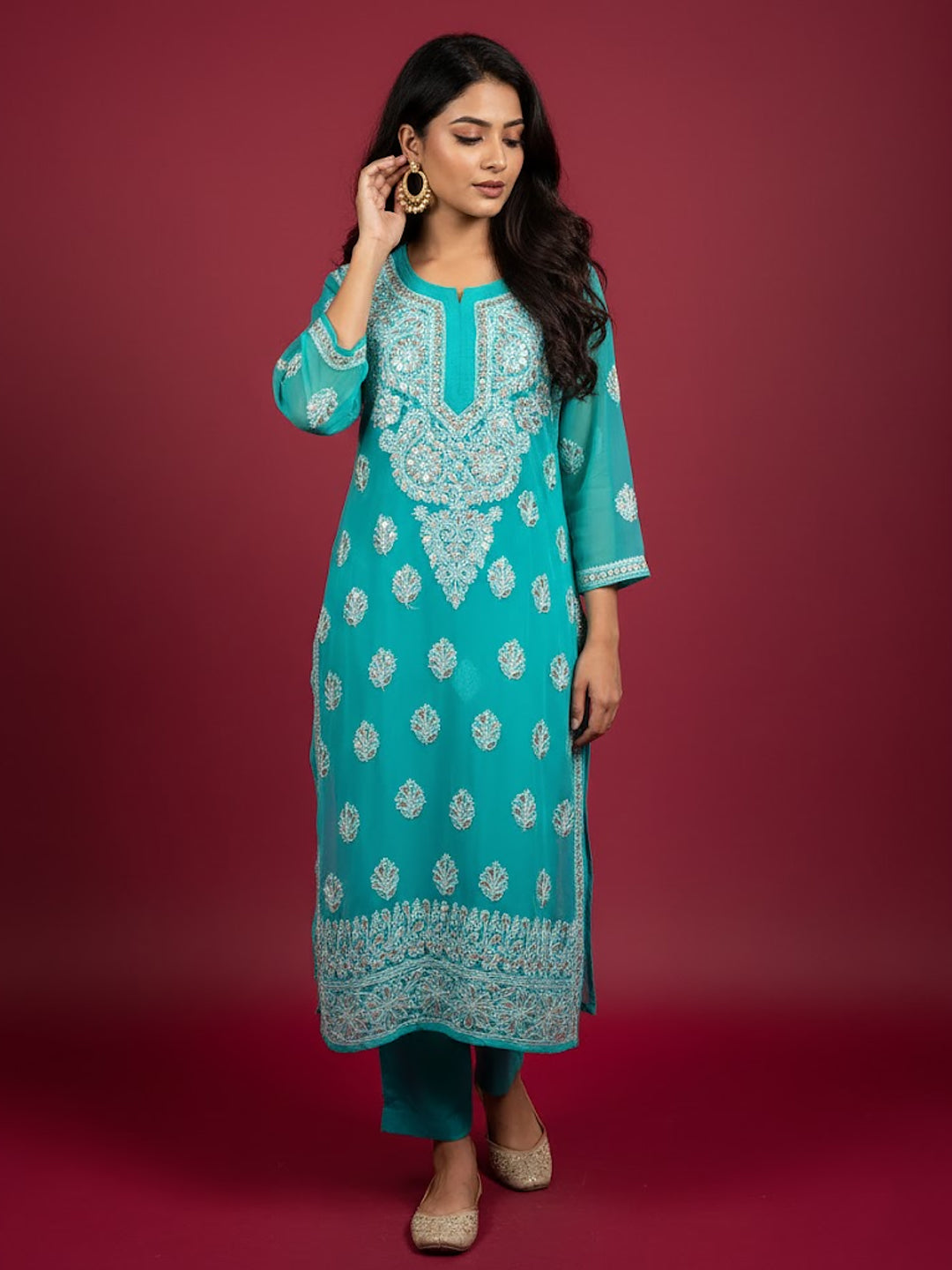 Sea Green Georgette Chikankari Straight Kurti