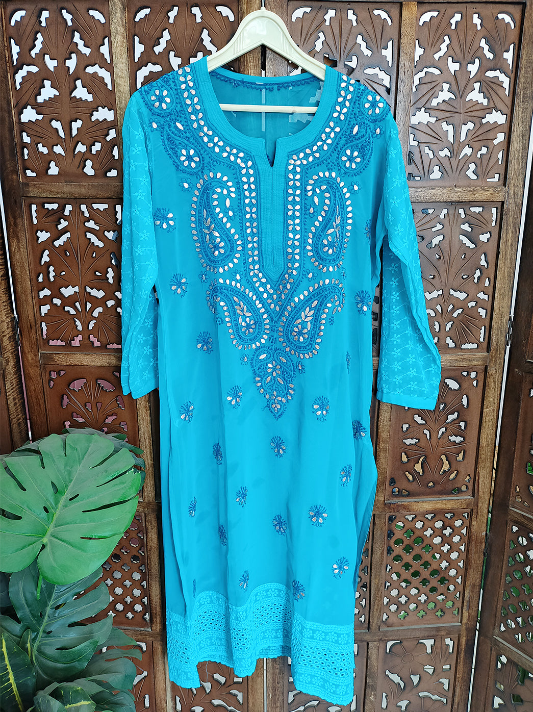 Sky Blue Georgette Chikankari Straight Kurti