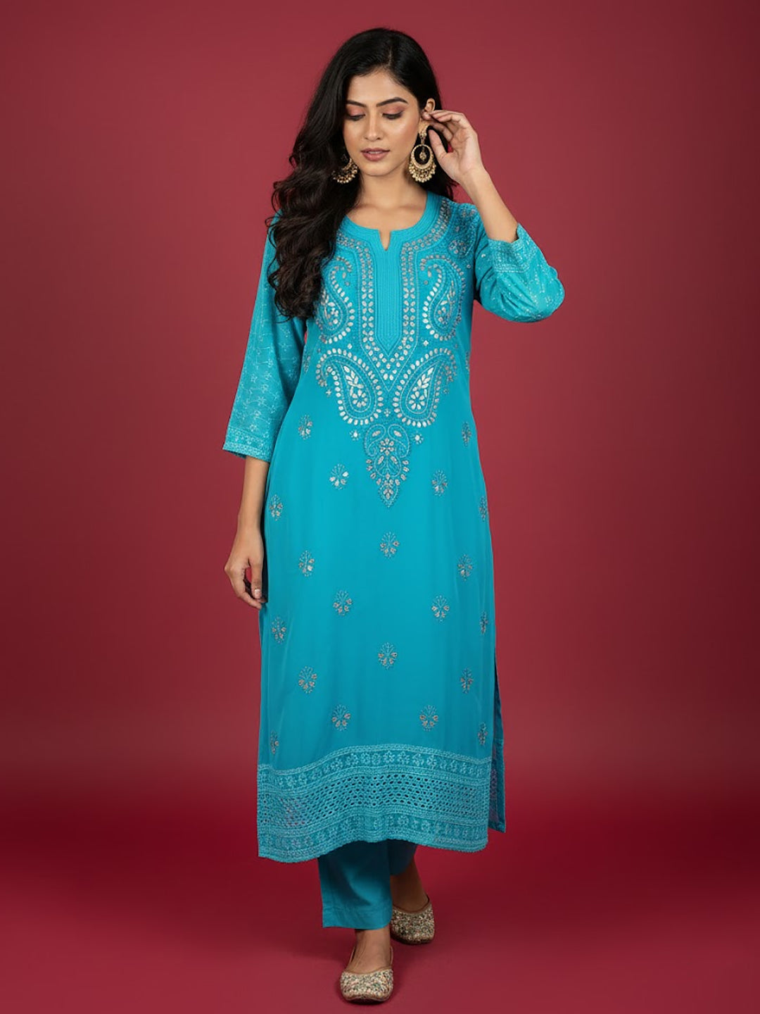 Sky Blue Georgette Chikankari Straight Kurti