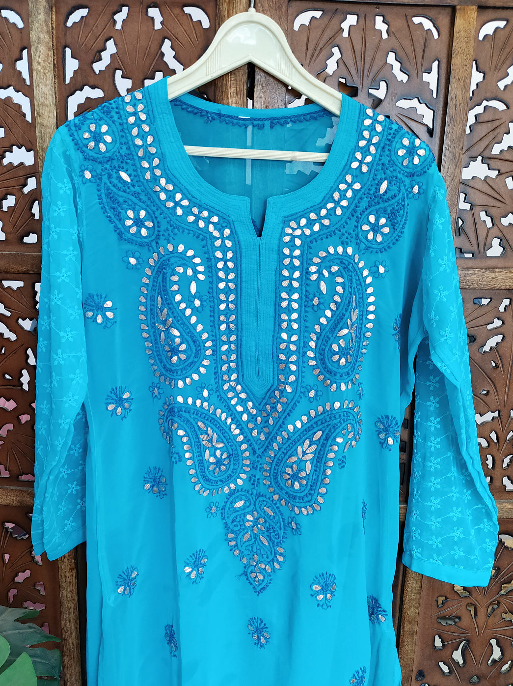 Sky Blue Georgette Chikankari Straight Kurti