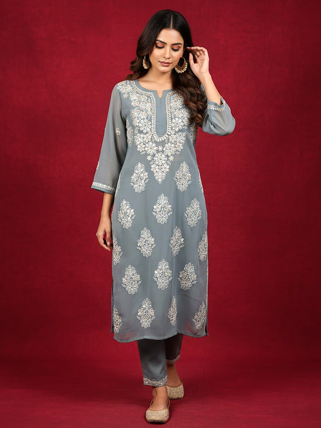 Gray Georgette Chikankari Straight Kurti
