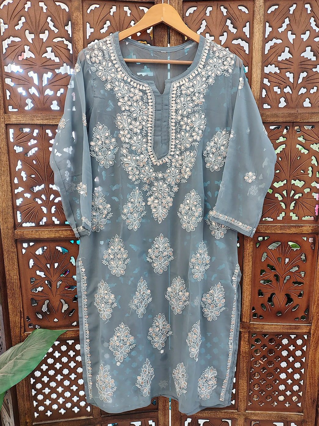 Gray Georgette Chikankari Straight Kurti