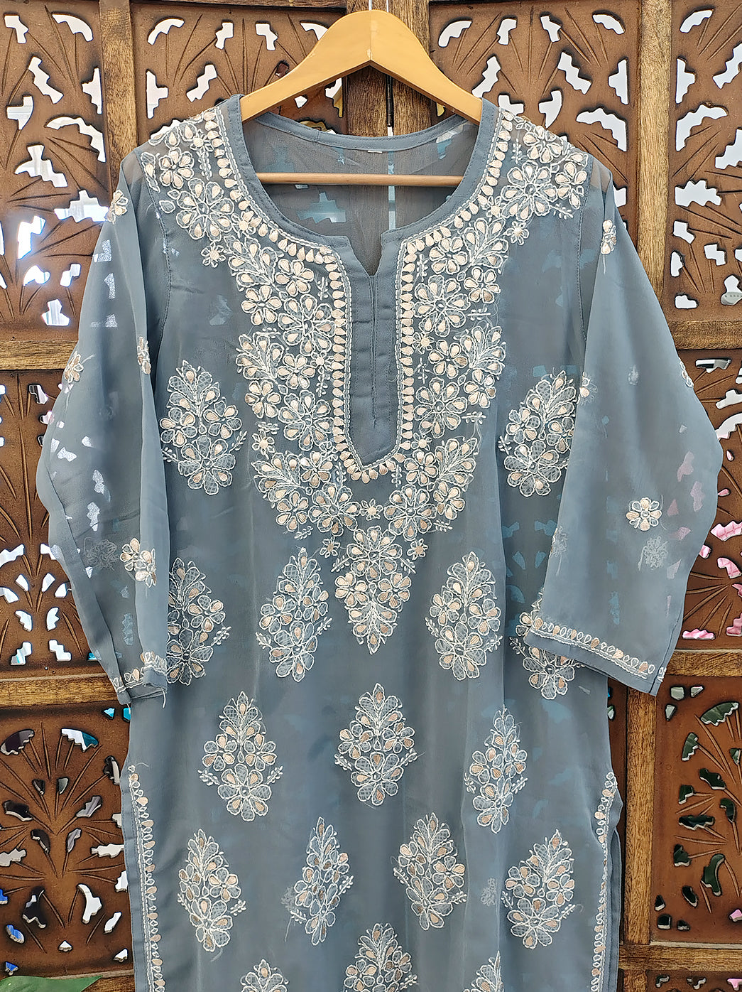 Gray Georgette Chikankari Straight Kurti