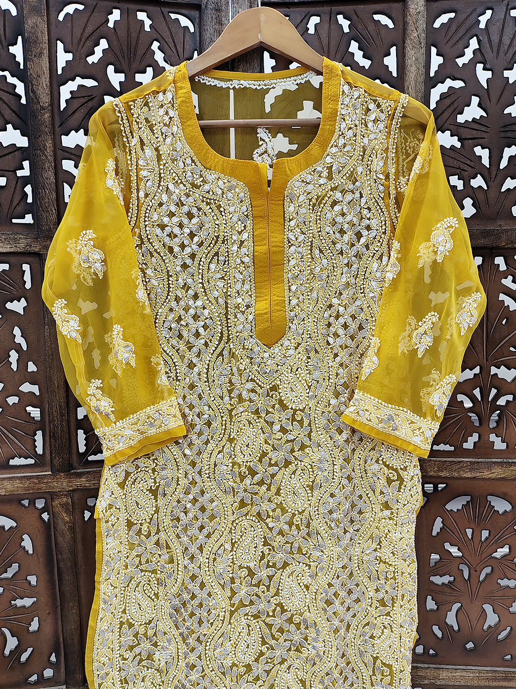 Mustard Yellow Georgette Chikankari Straight Kurti