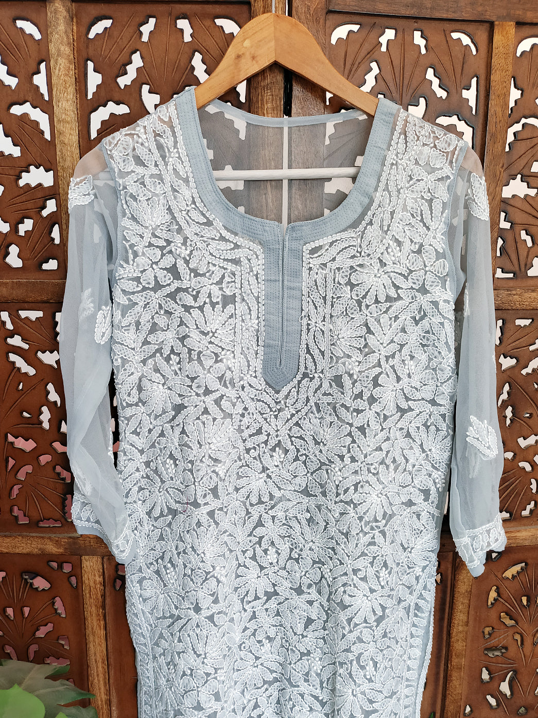 Grey Georgette Chikankari Straight Kurti