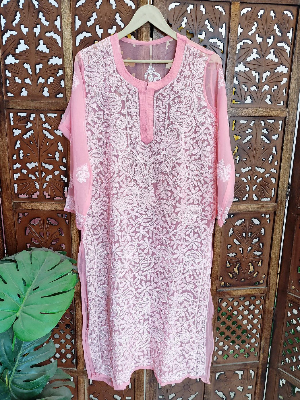 Light Peach Georgette Chikankari Straight Kurti