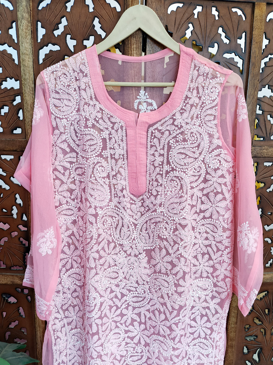 Light Peach Georgette Chikankari Straight Kurti