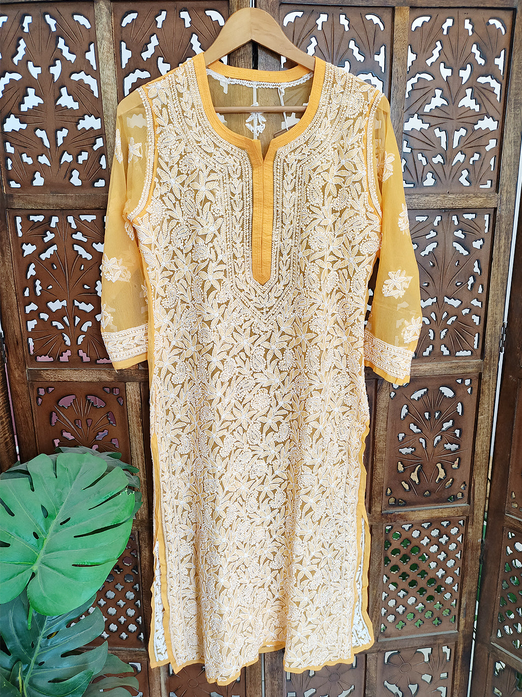 Yellow Georgette Chikankari Straight Kurti