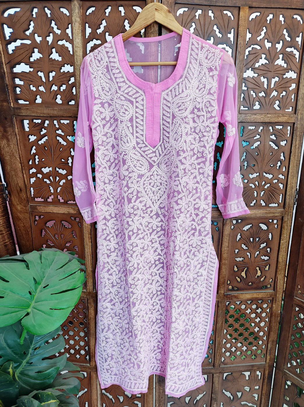 Pink Georgette Chikankari Straight Kurti