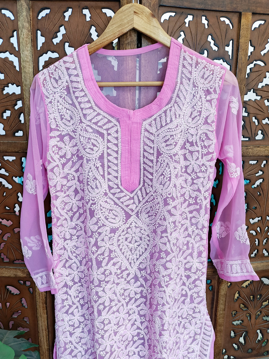 Pink Georgette Chikankari Straight Kurti
