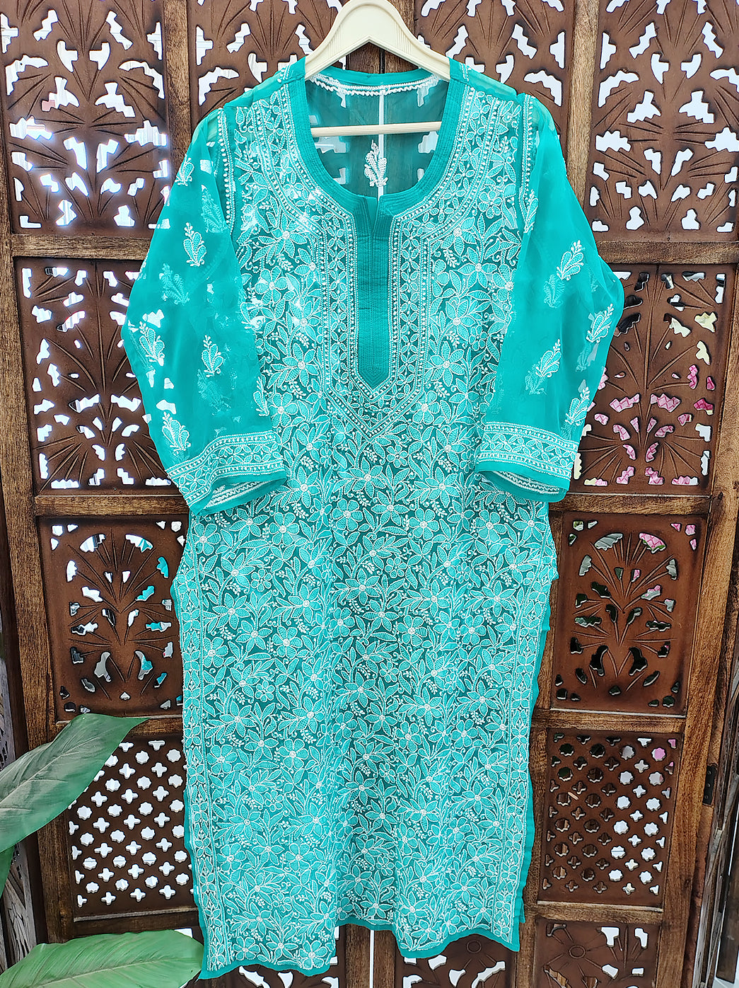 Sea Green Georgette Chikankari Straight Kurti