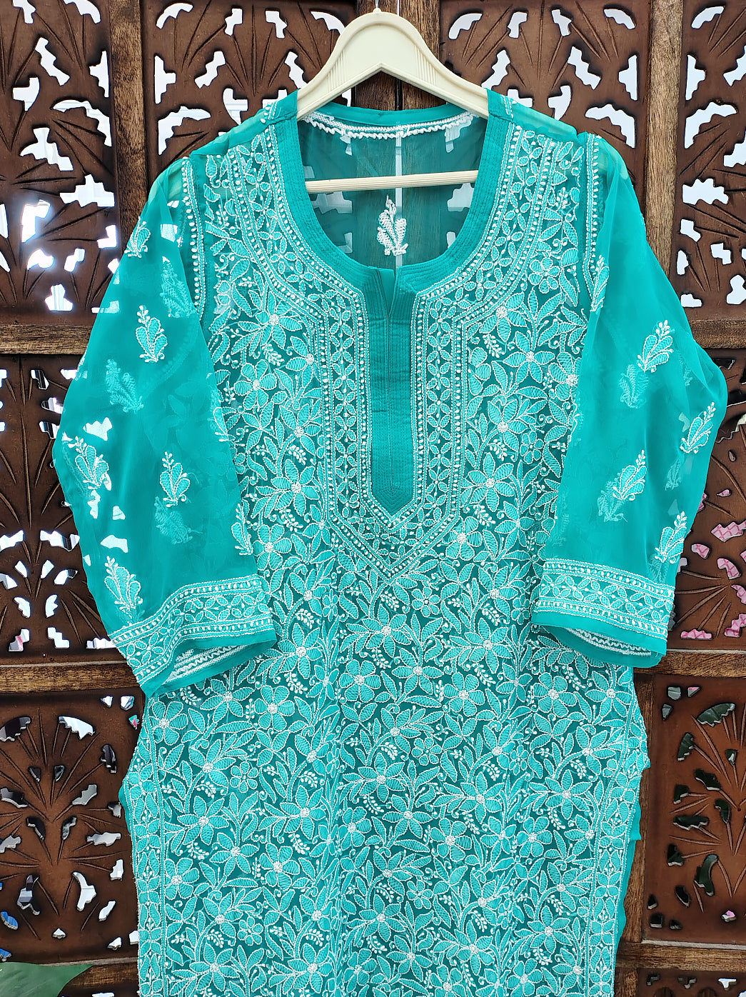 Sea Green Georgette Chikankari Straight Kurti