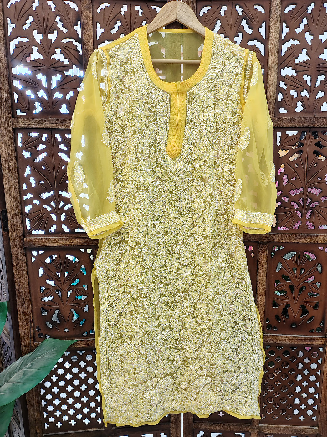 Yellow Georgette Chikankari Straight Kurti