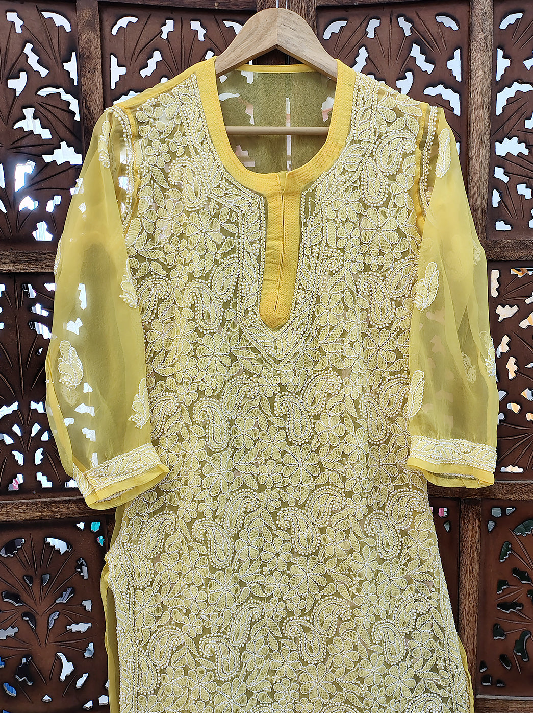 Yellow Georgette Chikankari Straight Kurti
